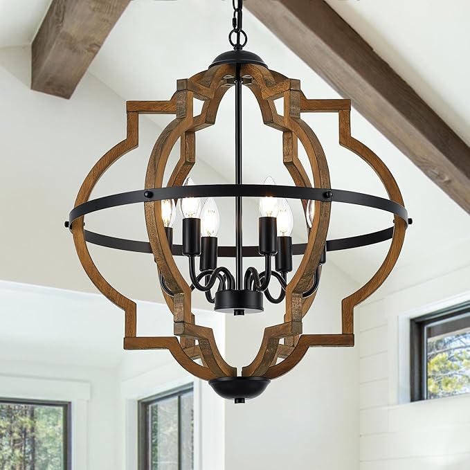 6-Light Farmhouse Wood Pendant Light,22.83'' Vintage Rustic Brown Oak Wood Chandeliers,Retro Industrial Hanging Light Fixtures for Dining Room Entryway, Bedroom