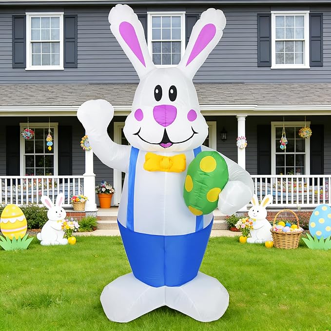 Dearsun 6.2FT Easter Inflatables Outdoor Decoration, Inflatable Bunny Blow up Outdoor Yard Decorations Giant Bunny Holding Easter Egg with LED Lights for Holiday Party Indoor Outdoor Décor