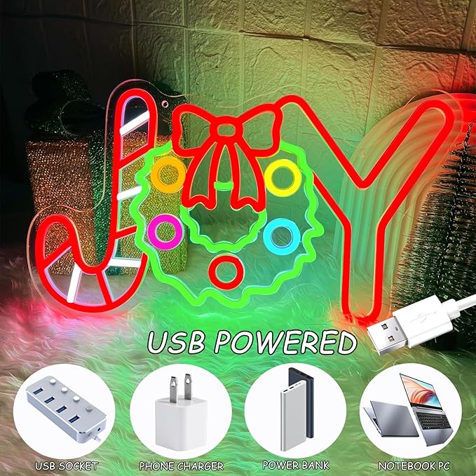 Christmas Neon Sign Christmas Joy Neon Light Signs Wreath Light Sign for Wall Decor Dimmable USB Powered LED xmas Candy Light Up Sign for Bedroom Living Room Holiday Parties Festival Bar Shop