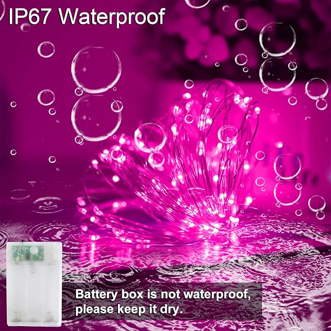 YAOZHOU Valentines Day Decorations Pink Fairy String Lights, Battery Operated with Timer, 2 Pack Total 33FT 100 Led Mini Battery Powered, Mason Jar Waterproof Firefly Christmas Lights DIY Party