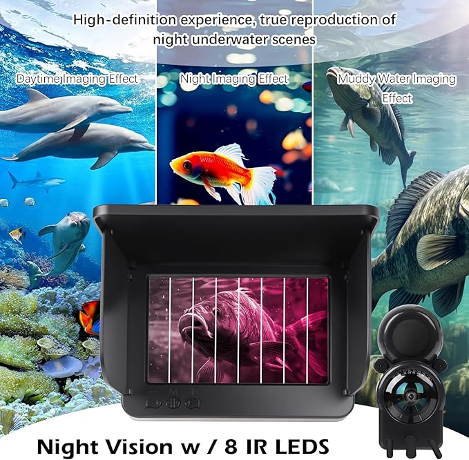 Underwater Fishing Camera 5 Inch, 4K HD IPS Monitor Fish Finder 220° Wide Angle IP68 Waterproof Infrared Night Vision with 98ft Cable, 8000mAh Fishing Camera Gift for Men,Ice Lake Boat River Fishing