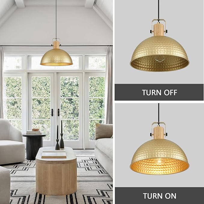 12 Inch Gold Pendant Lights Hammered Matte Pendant Lights for Kitchen Island Industrial Farmhouse Adjustable Height Dome Hanging Light Fixtures for Barn, Dining Room 1 Pack