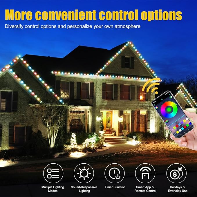 100 FT Permanent Outdoor Lights, Waterproof 2-in-1 Eaves & Ground Stakes LED String Lights with App/Remote Control for House, Garden– Smart Color-Changing Lighting for Halloween Christmas Decorations