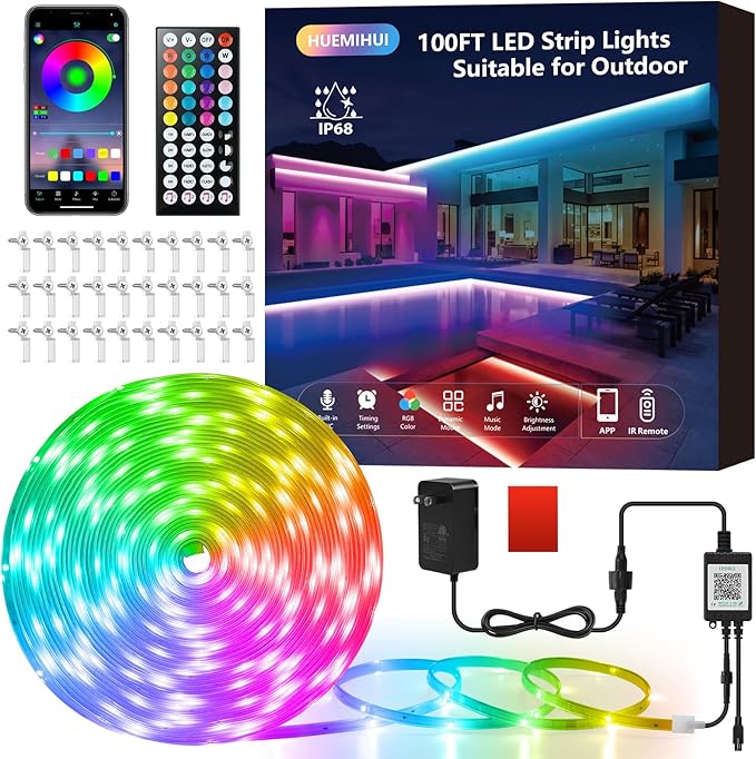 100Ft Outdoor LED Strip Lights, IP68 Waterproof RGB Color Changing LED Lights with IR Remote and APP, 24V Music Sync Light Strips, Flexible Outdoor LED Tape Lights for Garden Terrace-100Ft