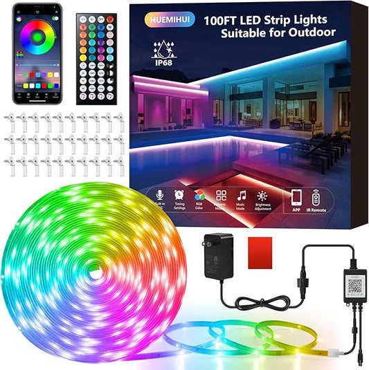 100Ft Outdoor LED Strip Lights, IP68 Waterproof RGB Color Changing LED Lights with IR Remote and APP, 24V Music Sync Light Strips, Flexible Outdoor LED Tape Lights for Garden Terrace-100Ft