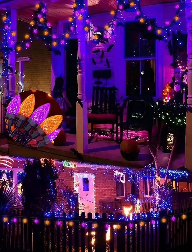 26FT Halloween String Lights Outdoor, 50 C7 LED Orange and Purple String Lights Waterproof, Plug-in Halloween Patio Decorative Lights for Indoor Roofline Backary Porch House Holiday Party Decor