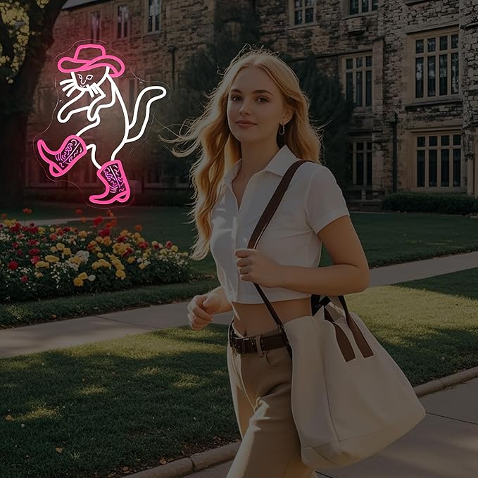 Cowboy Cat Funny Neon Light Sign,Pink Cowboy Hat Animal Neon Sign for Western Rodeo Decor,Novelty Hand Gesture Led Light Up Sign for Home Decoration Bedroom Decor