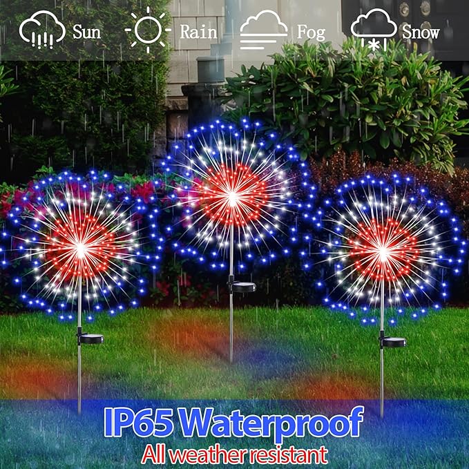 8 Pcs 4th of July Solar Firework Stake Lights 180 LED 8 Modes Solar Waterproof LED Sparkler Lights Outdoor Patriotic Decor for USA 250th Anniversary Garden Patio Yard Pathway (Red White Blue)