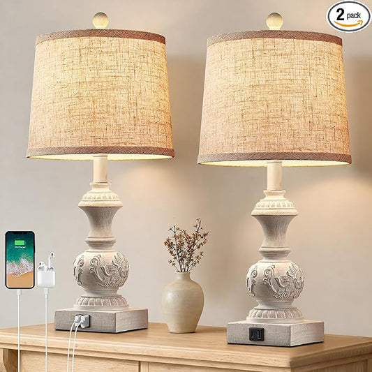 23.5" Set of 2 Farmhouse Table Lamps for Bedroom Bedside Lamp with USB A+C Ports Vintage Nightstand Lamps Antique Carved Floral Side Table Lamp for Living Room Office, White, Bulb Not Include