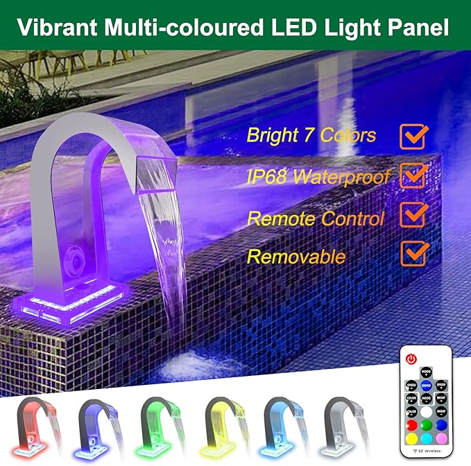 LONGRUN Waterfall Spillway Acrylic S-Shaped Pool Fountain with Color Changing LED Light, Pond Waterfalls Outdoor Water Spillway Fountains Kit for Garden Patio Swimming Pool Decoration-12.6" Height
