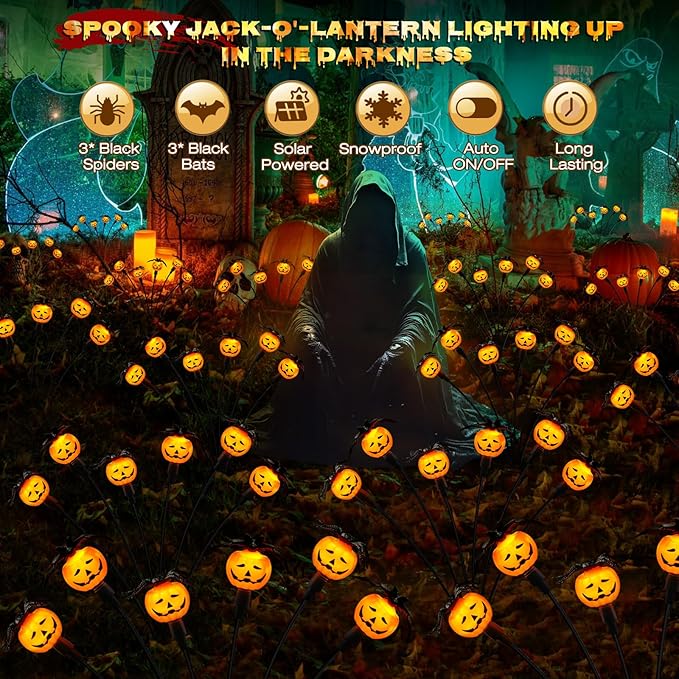 Halloween Decorations Outdoor 2 Pack Solar Lights, 12 LED Scary Pumpkin Swaying Firefly Lights with Spider & Bats for Outside Garden Yard Lawn Grave Cemetery Ghost Decor Party, Orange
