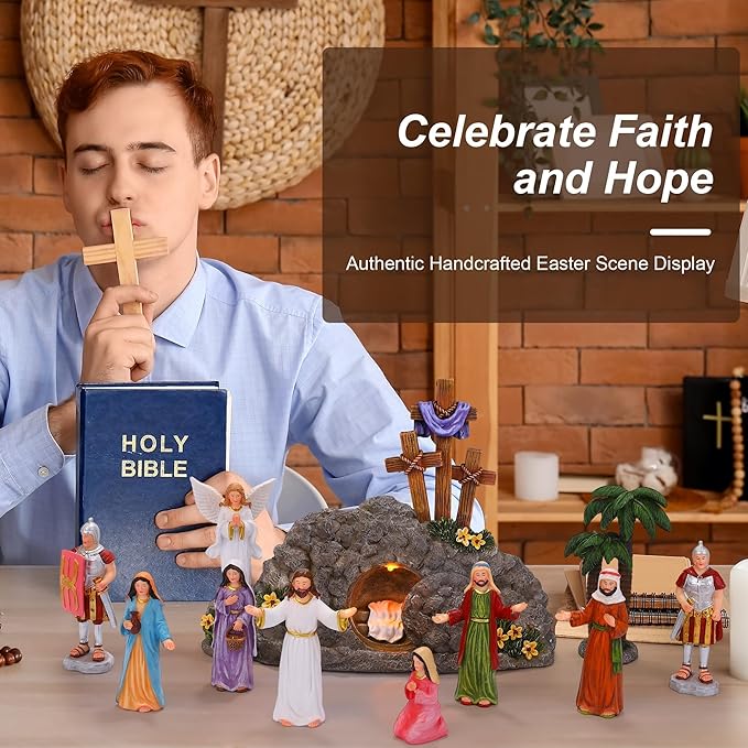 Fovths 12 Pieces LED Easter Scene and Cross Decoration Easter Resin Tabletop Decorations Resurrection of Jesus Statue Jesus Nativity Scene Decorations for Christian Figurines Home Office Tabletop