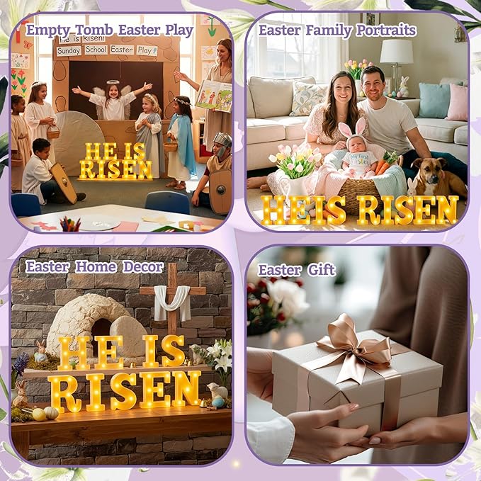 Honoson 9 Pcs He Is Risen Easter Decorations LED Light up Sign 6.42 Inch, Christian Easter Table Decoration Religious LED Lights for Church First Communion Party Supplies