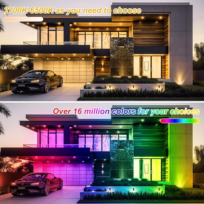 RGB LED Flood Light Outdoor 1000W Equivalent, 100W Bluetooth RGBCW Smart Floodlights 2700K, 16 Million Color Changing, Timing, Music Sync, IP66 Waterproof Landscape Light with US Plug (2 Pack)