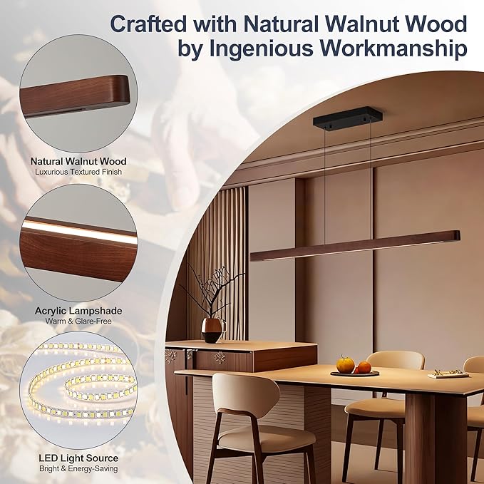 59" Wood Linear Pendant Light, 24W LED Hanging Pendant Light, Pendant Lights Kitchen Island with Remote, Adjustable Linear Chandelier for Dining Room, Kitchen Island, Bar, Offices-Walnut