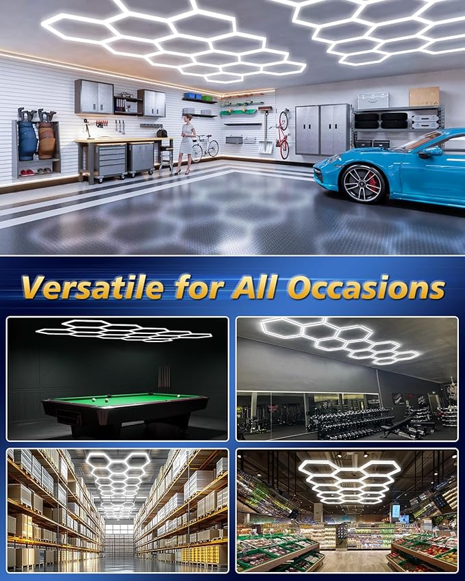 Hexagon Garage Lights,14 Grids LED Hexagon Light,456W 50160LM 7000K Honeycomb Lights for Garage,Car Detailing Shop, Basement,Warehouse