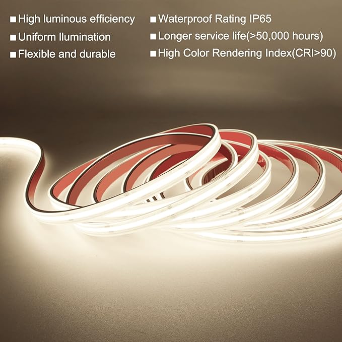 COB LED Strip Lights,Natural White 4000K,DC24V IP67 Waterproof LED Strip,480LEDs/M,16.4ft/5M,8MM Wide,CRI90+,Outdoor cob led Strip for Bathroom Decor,Pool,Garden (Power Not Include)