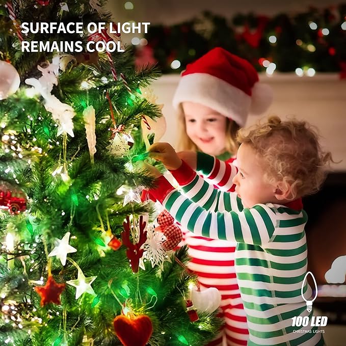 WATERGLIDE C6 Christmas Lights, 33ft 100 LED Faceted String Lights Green Wire Fairy Lights with 29V Safe Adaptor, 8 Lighting Mode, Waterproof for Indoor Outdoor Patio Xmas Tree Party Decor, Green