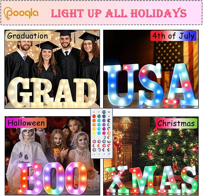 Pooqla Colorful Light Up Letters with Remote, Upgraded 35 Colors LED Marquee Letters, RGB Lighted Letter for Girls Teenager Gift, Birthday, Party, Wedding, Night Light, Room, Bedroom Decor, Letter H