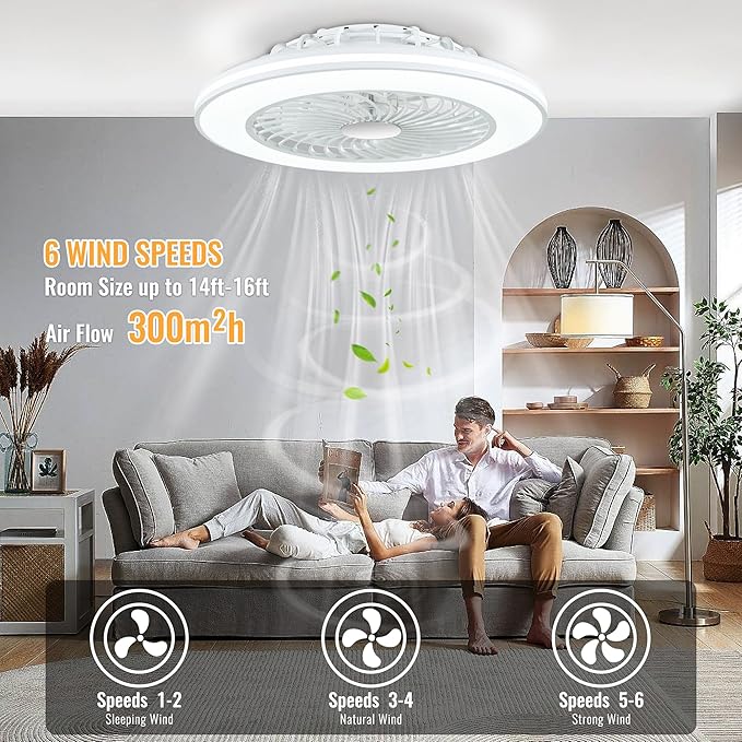 24'' Low Profile Bladeless Ceiling Fans with Lights, Remote/APP Control, 3CCT Dimmable, Flush Mount Ceiling Fan with 6-Speed Reversible for Bedroom Living Room Kid's Room