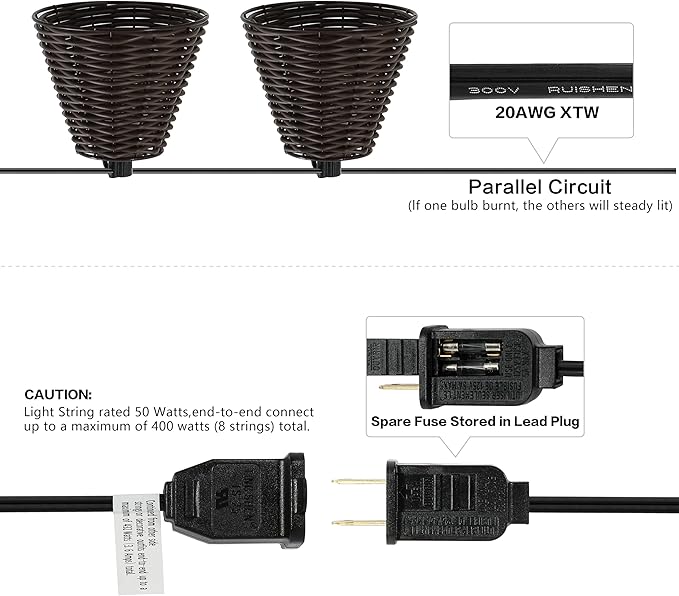 JONATHAN Y JYL8706C Payton 10-Light Indoor/Outdoor 10 ft. Classic Cottage LED G40 Faux-Rattan Shaded String Lights Coastal, Traditional, Farmhouse, Rustic, Patio, Porch, Backyard, Dark Brown