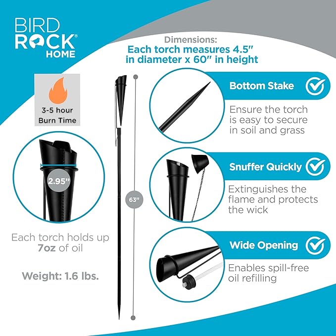 BIRDROCK HOME Outdoor Torches for Outside – 63" Modern Citronella Torches, Weather Resistant Iron for Backyard, Patio or Garden – 7oz Capacity, Black, 4 Pack
