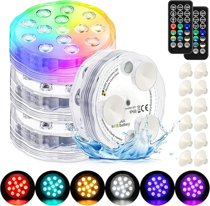 Pool Lights Submersible LED Light with Remote, Waterproof Pond Lights with Upgrade Suction Cups,Magnets, 16 Changeable Colors 3.35'' Battery LED light for Underground Pool Fountain Pond Aquarium