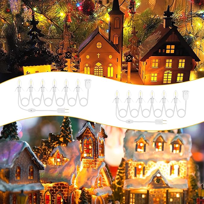 2Pack Accessory Cord with 12 LED Light Bulbs and Outlet Christmas Village Light 11.6FT White Cord with Spare Fuse Warm White C7 Lamp for Halloween Pumpkins Christmas Village Houses Craft Decoration