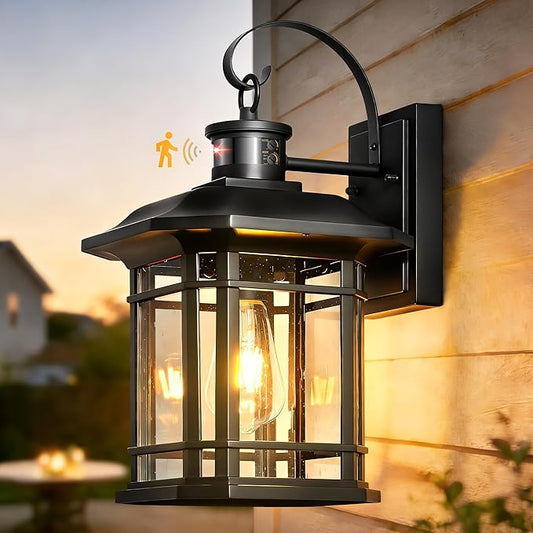 VIANIS Large Black Outdoor Motion Sensor Light, Distance and Time Adjustable Dusk to Dawn Exterior Lighting Fixtures, Anti-Rust 100% Aluminum Patio Wall Light Fixture for House, Garage, Backyard