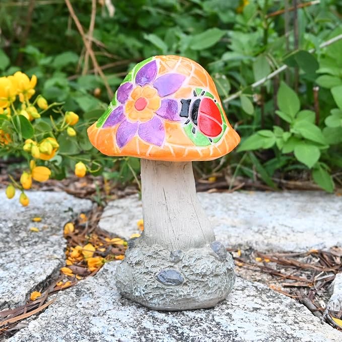 Mushroom Solar Lights Outdoor: Fairy Garden Decor Mosaic Art Outside Statue LED Figurine Backyard Lawn Ornaments Flowerbed Porch Gift Ideas for Lover Mom Grandma