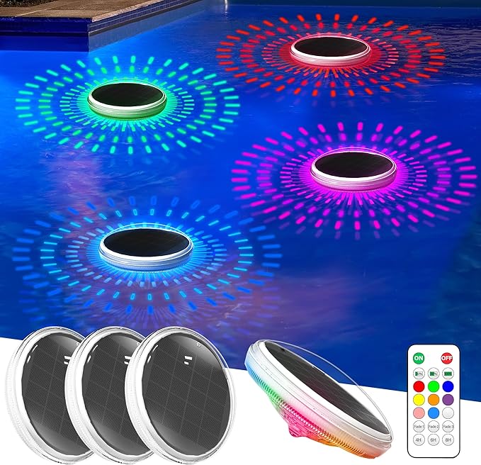Solar Floating Pool Lights with Remote 4PACK, 12 Color Modes 3 Timer Function, IPX7 Waterproof Rechargeable LED Solar Lights for Bathtub, Pool Parties, Outdoor & Bathroom Decor