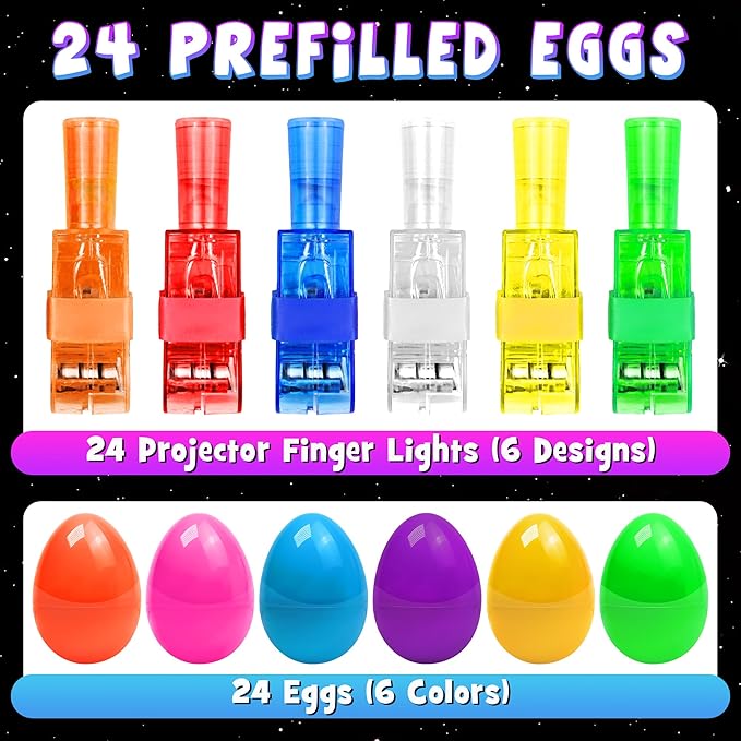 24Pcs Pre filled Easter Eggs with Egg Fillers Finger Lights, Easter Basket Stuffers for Teens Toddler Boys Girls Plastic Easte r Eggs Filled Toys for Kids Party Favors Gifts Glow In The Dark Egg Hunt