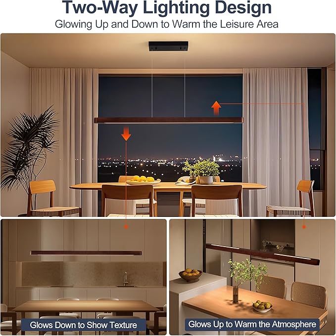 43" Wood Linear Pendant Light, Dimmable Kitchen Island Lighting with Remote, 24W LED Hanging Pendant Light, Adjustable Linear Chandelier for Dining Room, Kitchen Island, Bar, Office-Walnut