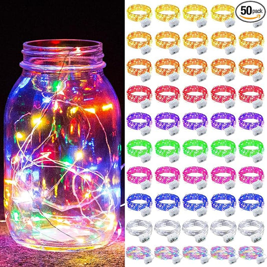 50 Pack Fairy Lights 7Ft 20 LED Twinkle String Lights Battery Operated Waterproof Firefly Starry for Mason Jar Party Wedding Christmas Valentines Day,10-Colors