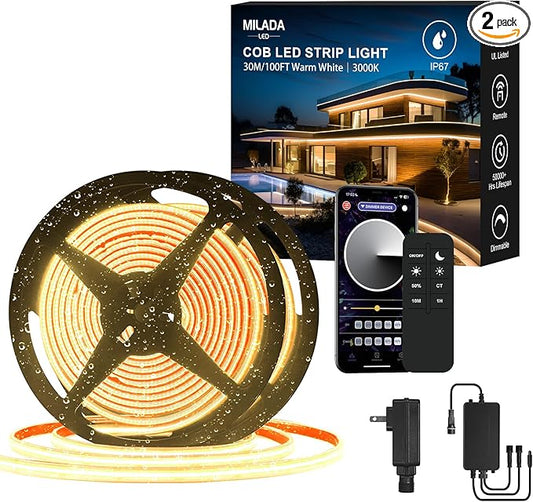 100FT COB LED Strip Lights Outdoor Waterproof, 30M Flexible 24V, Remote & App Control, Dimmable,3000K Warm White Led Tap Lighting For Garden Patio, Kitchen, Under Cabinet, Living Room Decor (2 Rolls)