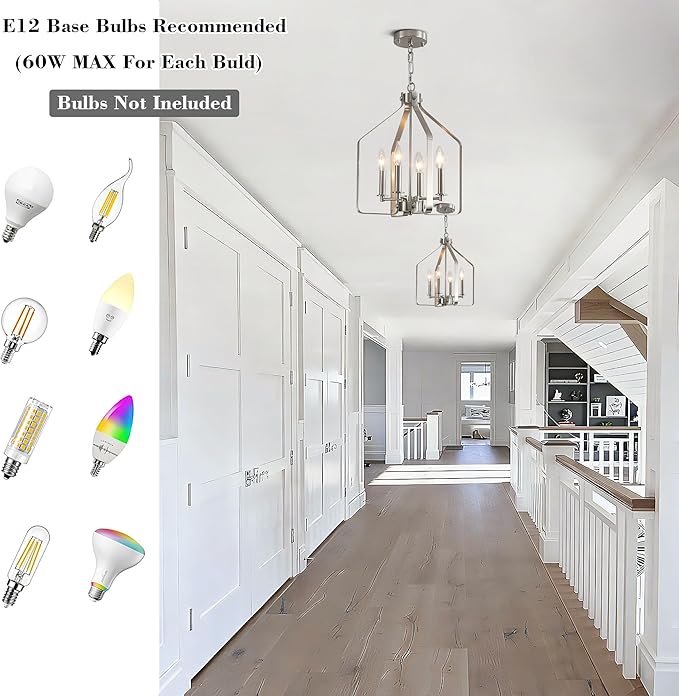 4-Light Brushed Nickel Chandelier, Geometric Farmhouse Cage Pendant Light, Adjustable Industrial Rustic Fixture for Dining Room, Kitchen Island, Entryway & Bedroom