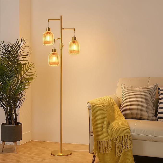 Modern Floor Lamp for Living Room, Dimmable Glass Standing Lamp Vintage Retro 3 Lights Tall Floor Lamps with Amber Lamp Shade Mid Century Tree Lamp, 3×6W Bulbs Included