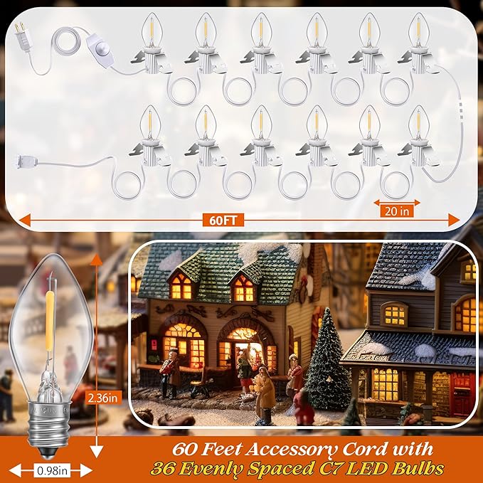 Meonum Accessory Cord with LED C7 Light Bulbs,Christmas Village Indoor Blow Mold Light Cord with Female Plug, Rotary On/Off,for Halloween Pumpkin,Holiday Craft Projects Decoration(60 ft,36 Packs)