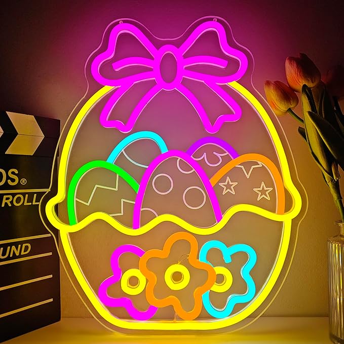 Easter Neon Sign for Wall Decor Flower Easter Basket Neon Light Egg Led Sign Easter Decorations Dimmable Bow Basket Light Up Signs for Window Party Gifts Bedroom Holiday Spring Bar Home Business