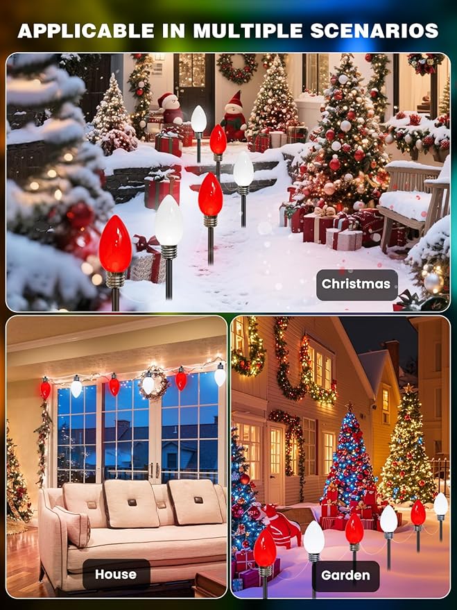 12 Pack Large C9 Christmas Decorations Outdoor, Waterproof C9 Christmas Lights Plug in with 2 Modes and Timer, Pathway Light for Party Indoor Yard Patio Walkway Garden Xmas Decoration (Red and White)