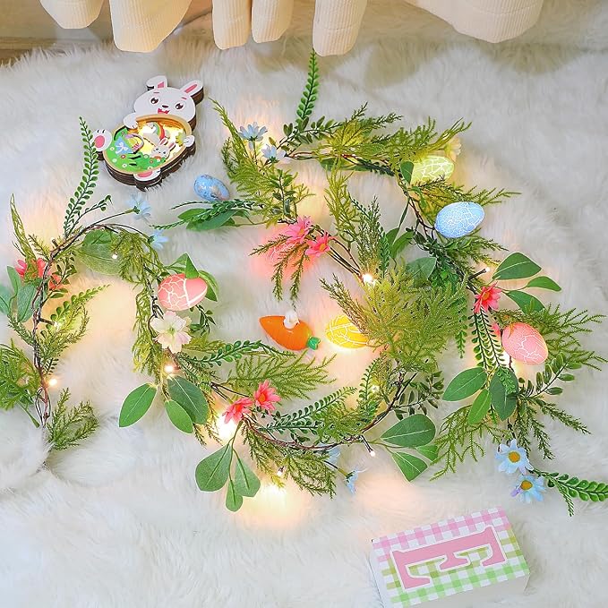 CCINEE 6 FT Lighted Easter Garland, 20 LED Lights Artificial Garlands with Easter Colored Egg and Pink Flowers Faux Branches for Easter Spring Holiday Parties Mantle Fireplace Indoor Home Decoration