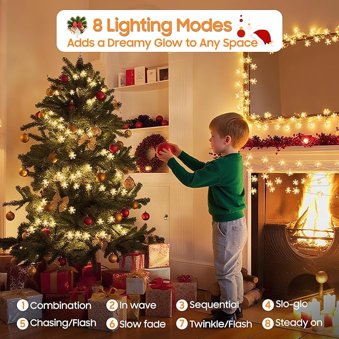 Snowflake Christmas Lights, 33FT 100 LED Rechargeable Fairy Lights Battery Operated, String Lights with 8 Modes & Timer, Twinkle Lights Indoor for Bedroom Party Home Xmas Tree Decoration Warm White
