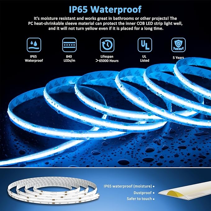PAUTIX RGB COB LED Strip Light IP65 Waterproof,UL Listed 24V Color Changing Flexible Tape Lights 16.4ft/5m Multicolor,for TV,Bedroom,Bathroom,Party DIY Decoration(Adapter&Controller Not Included)