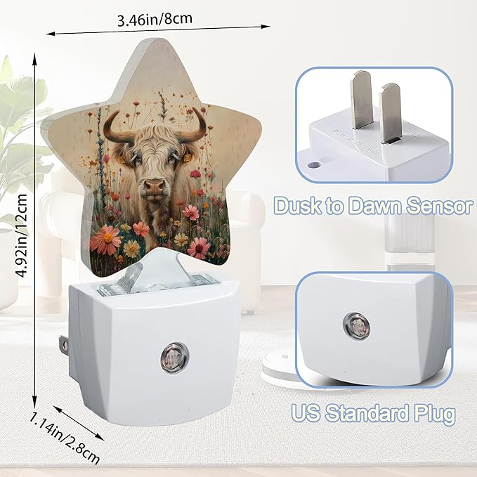 Highland Cow Night Light,Vintage Wildflowers Plug-in Star Night Lights with Dusk-to-Dawn Sensor for Bedroom,Bathroom,Living Room Sleep Friendly Lamp for Women Girls Boys Gift,0.5W