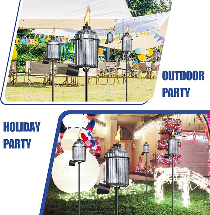 4 Pack Gray Glass Garden Torch, Colorful Outdoor Torch Garden Décor,61-Inch Upgraded Citronella Torches with 3-Prong Grounded Stake, Metal Light Torches for Party Patio Pathway