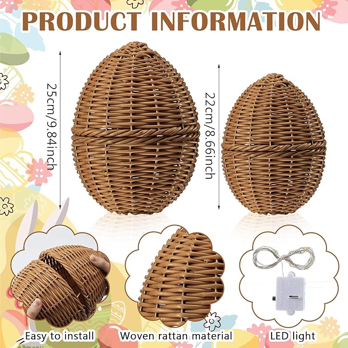 Soulchen 2 Pcs Large Rattan Easter Egg Decorations, 9.8" & 8.7" Spring Farmhouse Wicker Easter Eggs with LED Lights Decor for Table Centerpiece Mantle Outdoor Porch Garden Patio,
