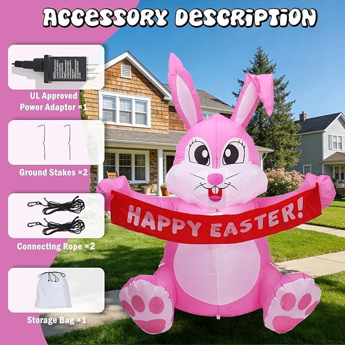 Dearsun 5FT H Adorable Easter Inflatable Bunny Holding a Banner, Easter Bunny Blow up Yard Decorations Giant Pink Bunny with LED Lights for Holiday Party Indoor Outdoor Décor