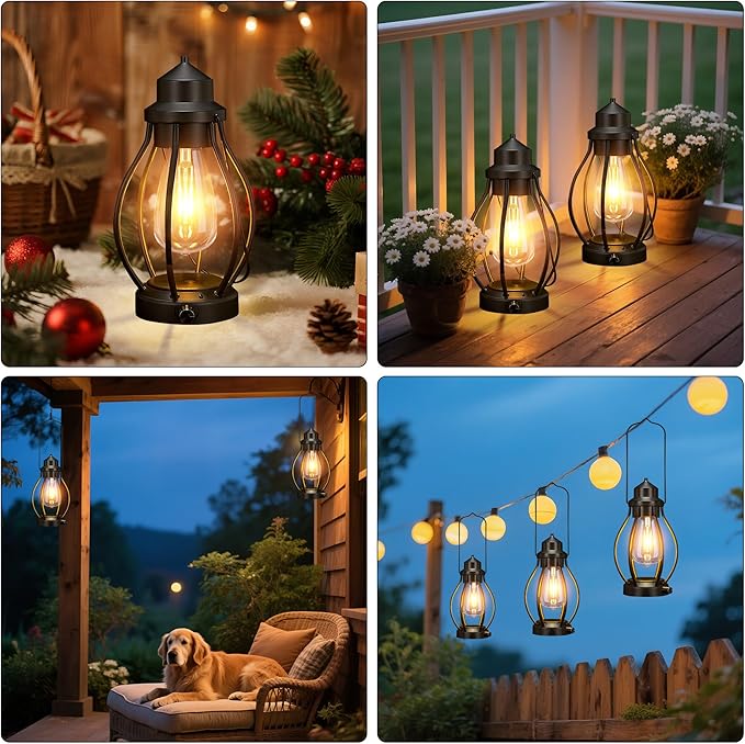 Battery-Powered LED Lanterns Vintage Lights for Christmas, 2 Pack Rechargeable Lantern with Dimmerble Warm White Edison Bulb, Waterproof Hanging Light Table Lamp for Outdoor & Indoor Decorative