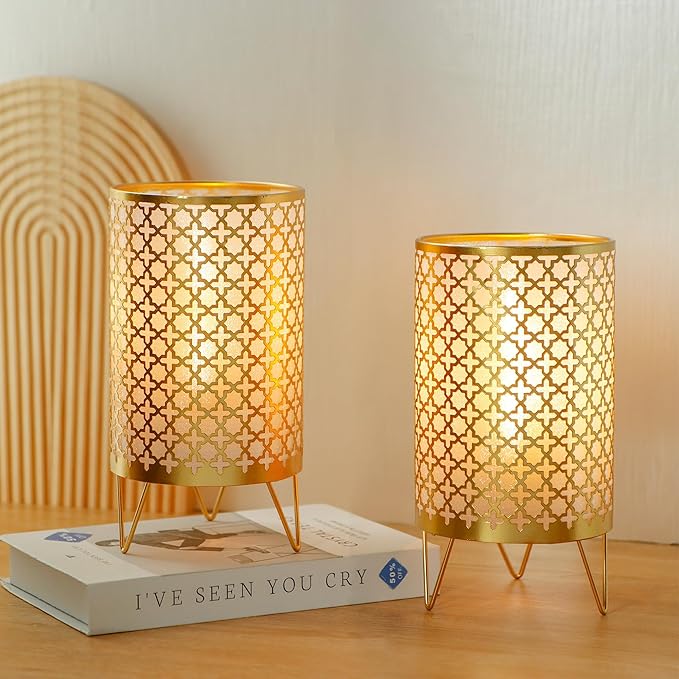 TRIROCKS Set of 2 Battery Operated Lamp 9'' High Cordless Table Lamp Battery Powered Lanterns with 6H Timer for Home Living Room Weddings Parties Patio Events Outdoors Indoors Shelf(Gold)