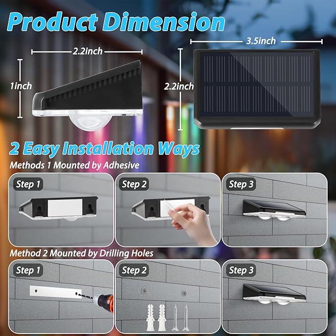 Brightever Solar Fence Lights Outdoor 8-Pack, Waterproof Solar Powered LED Fence Light with Warm White & 6 RGB Colors & 2 Lighting Modes for Deck, Step, Stair, Fence, Outside, Patio, Garden, Backyard